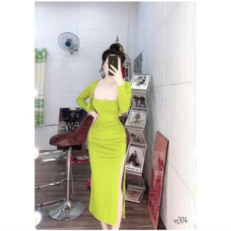 Set 3 Món Áo Khoác thun gân + Áo Cổ Yếm Kèm Chân Váy chữ A xẻ tàNg alohashop91