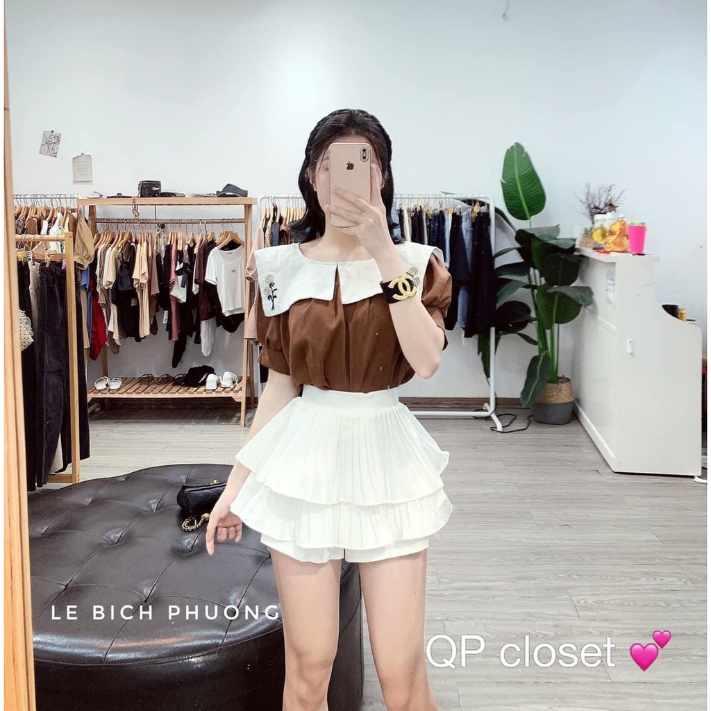 Áo Babydoll Nâu Tây Cổ Bèo Thêu Hoa | BigBuy360 - bigbuy360.vn