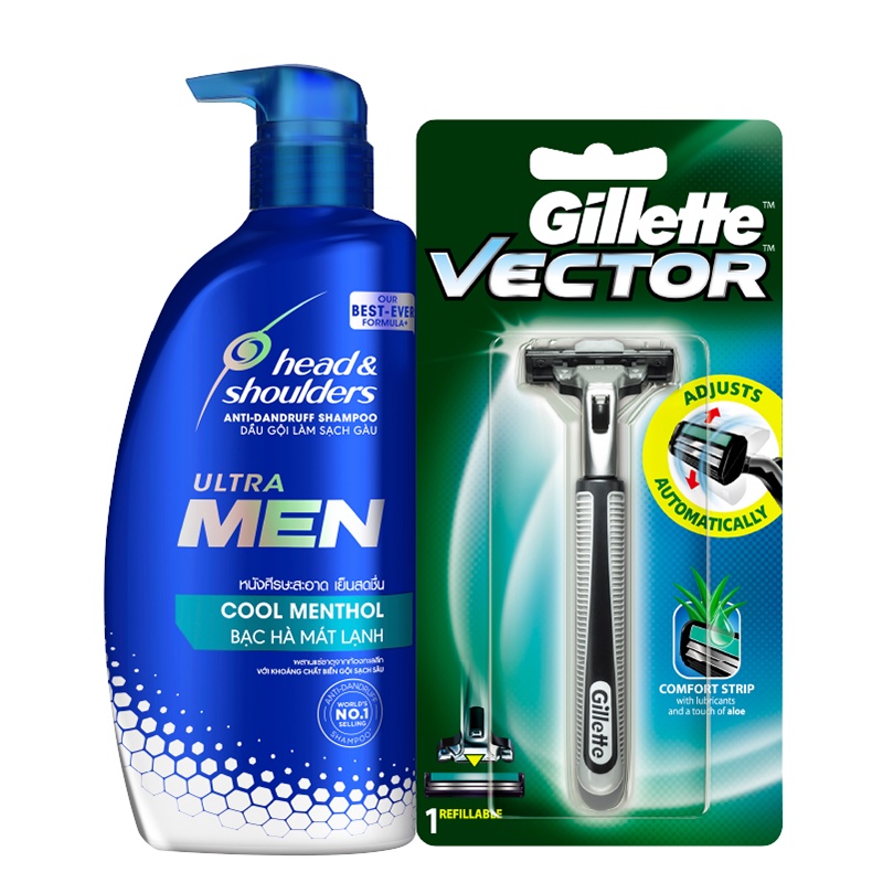 Combo dầu gội Nam Head & Shoulders UltraMen 650ml bạc hà mát lạnh và Dao Cạo Gillette Vector 1UP