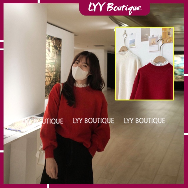 Áo len nữ lông thỏ cổ viền ren tay bo kiểu dáng Ulzzang form rộng 2 màu freesize hàng Quảng Châu LYY BOUTIQUE