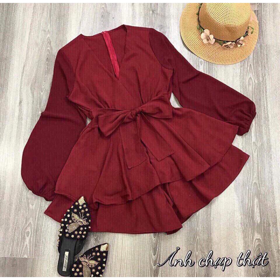 Đầm nữ cổ V thắt nơ nịnh eo 2 tầng vải dày dặn mềm mịn | BigBuy360 - bigbuy360.vn