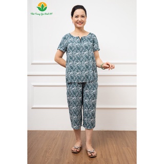 Bộ lanh Việt Thắng trung niên quần lửng áo cộc tay nẹp ren cổ