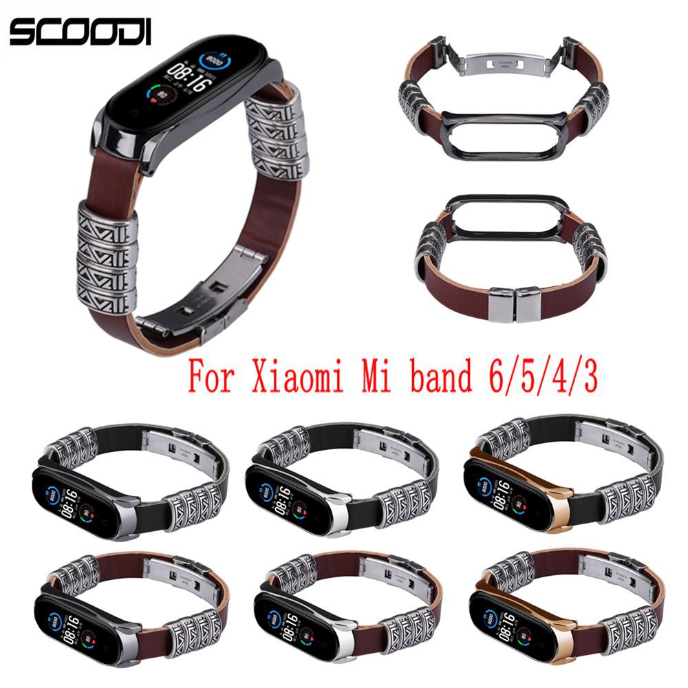Dây Đeo Thay Thế Chất Liệu Da Khung Kim Loại In Nổi Họa Tiết Cổ Điển Cho Xiaomi mi band 7 6 5 NFC mi band 4 / 3