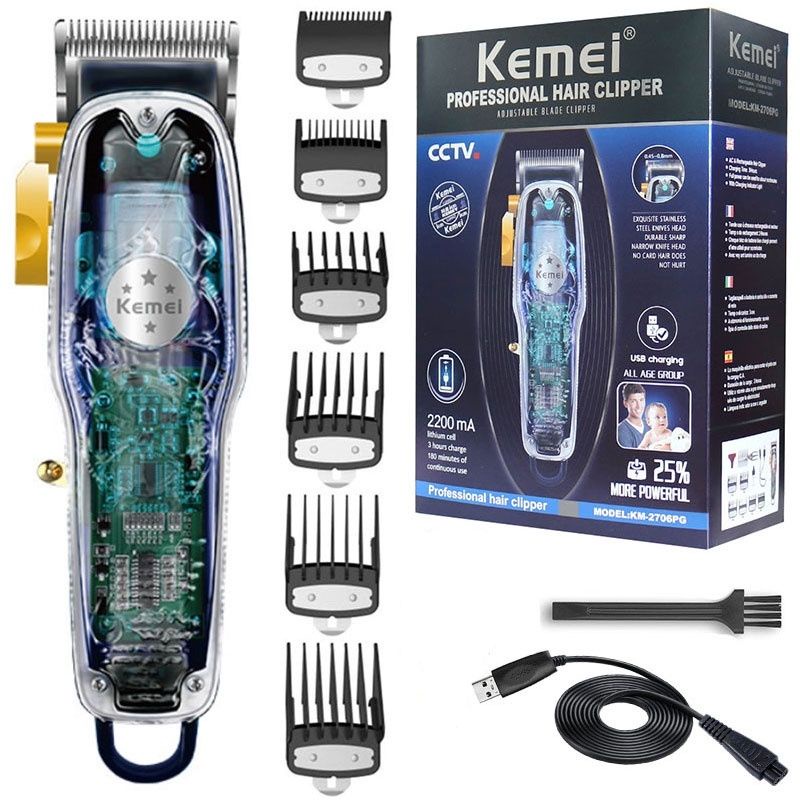 Tông đơ cắt tóc kemei 2706PG màu trong suốt kèm 6 cữ gá thép
