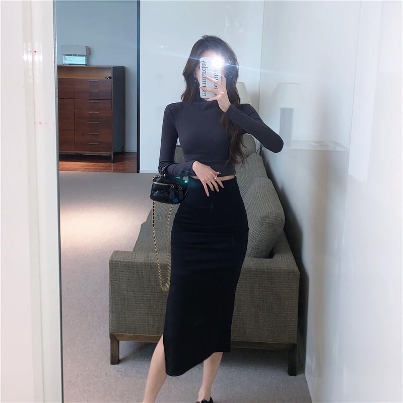Set Chân Váy Lưng Cao Xẻ Tà + Áo Tay Dài Thời Trang Công Sở