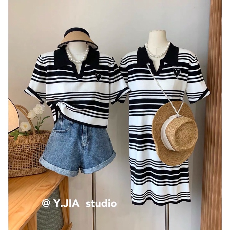 Váy, áo len mongtoghi polo tim thêu kẻ ngang dáng suông V052