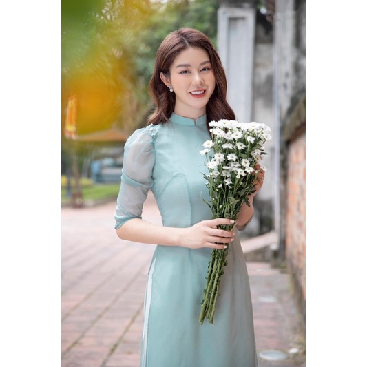 Áo Dài Cách Tân Vai Bèo Von Tơ Mềm_ Áo Dài May Sẵn 2 Màu Xanh và Hồng