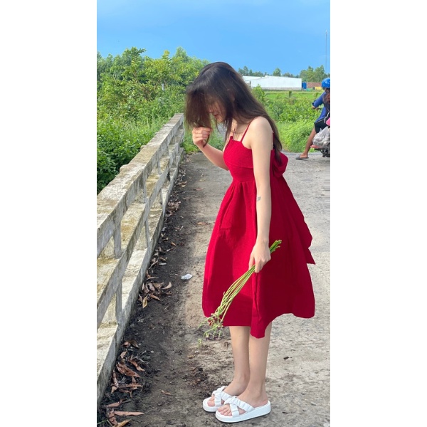 Đầm hai dây babydoll cột nơ lưng cao cấp ( hình chính chủ ) PLD19
