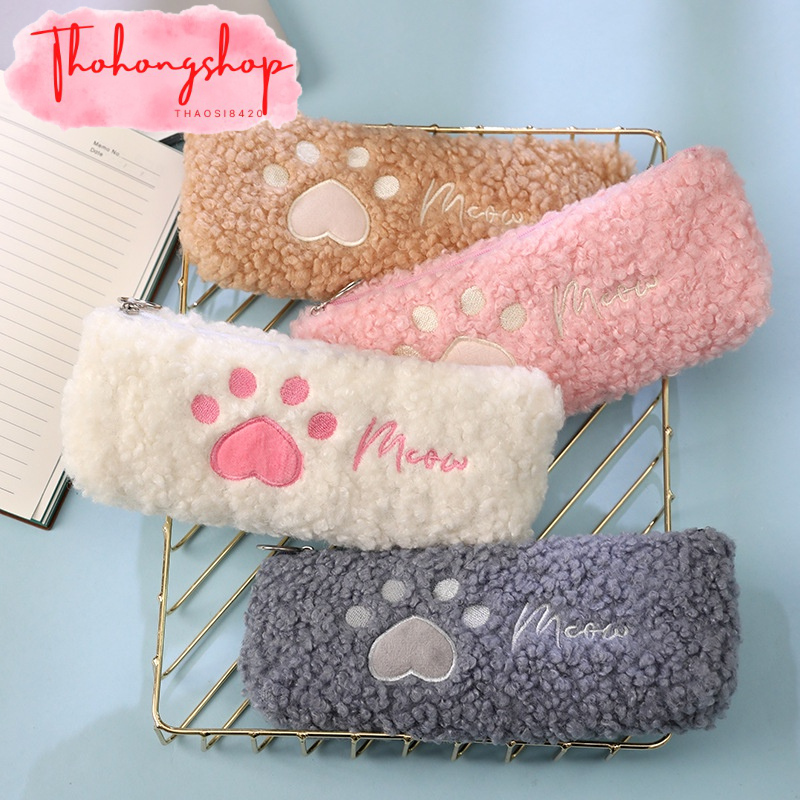 Hộp đựng bút, túi đựng bút lông xù chân mèo xinh Meow dễ thương