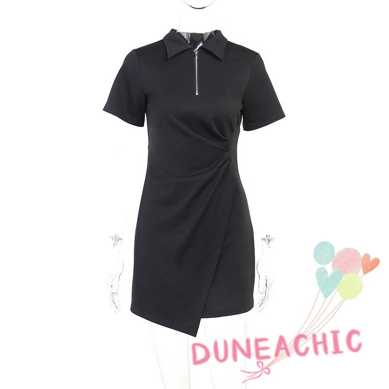 DUNEA Đầm Ngắn Tay Cổ Polo Phối Khóa Kéo Thời Trang Cho Nữ