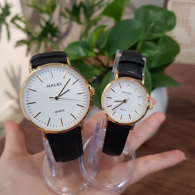 Đồng hồ nam nữ cặp đôi Halei dây da nâu mặt số vạch chính hãng Tony Watch 68 có video thật