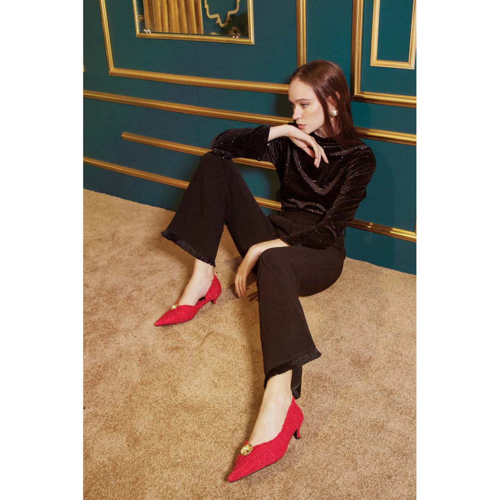 COCO SIN - Giày Tweed đỏ đính nút