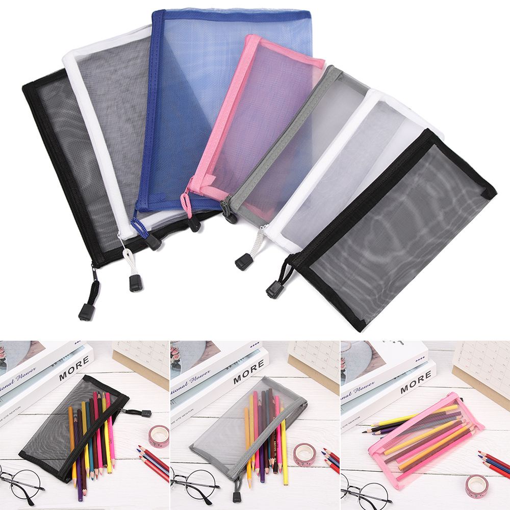 Túi đựng bút/ mỹ phẩm bằng lưới nylon màu trơn trong suốt có khóa kéo thời trang