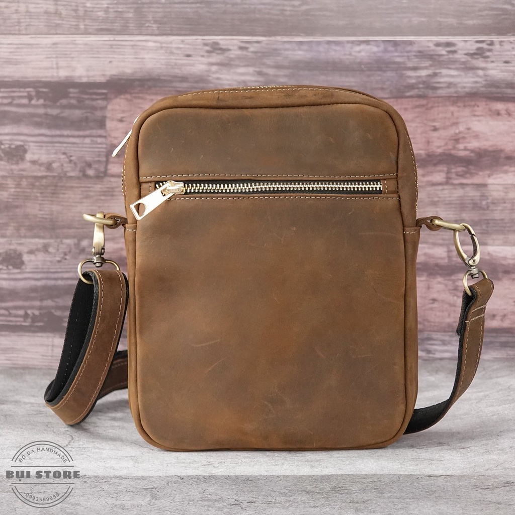 Túi đeo chéo da bò sáp nguyên miếng, Túi bao tử nam da bò thật Handmade khâu tay BH da 10 năm - Bụi Store