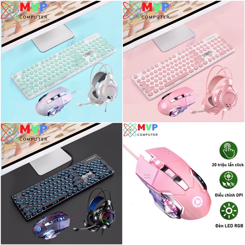 Bàn Phím Chuột Tai Nghe Máy Tính Laptop Gaming Có Dây YINDIAO V8G15Q7 Nút Tròn LED RGB Xuyên Chữ Phát Sáng Trong Đêm