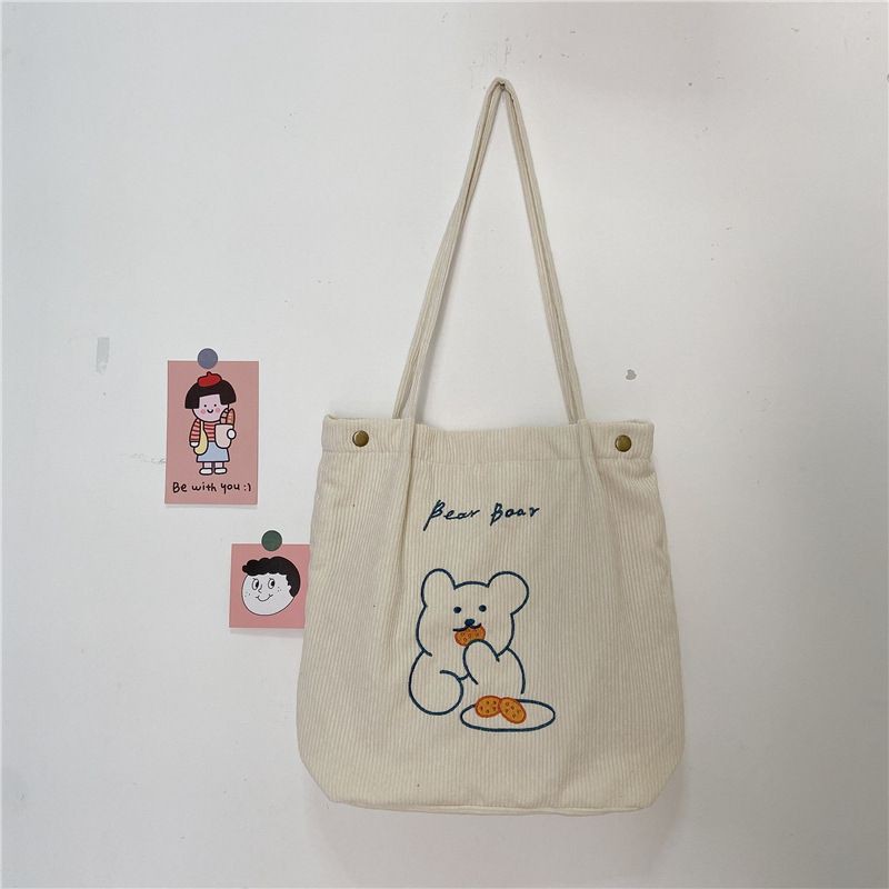 Túi tote vải nhung tăm họa tiết thêu gấu bánh cookies màu sắc cực trend TP4 | tiemtuitotebypat