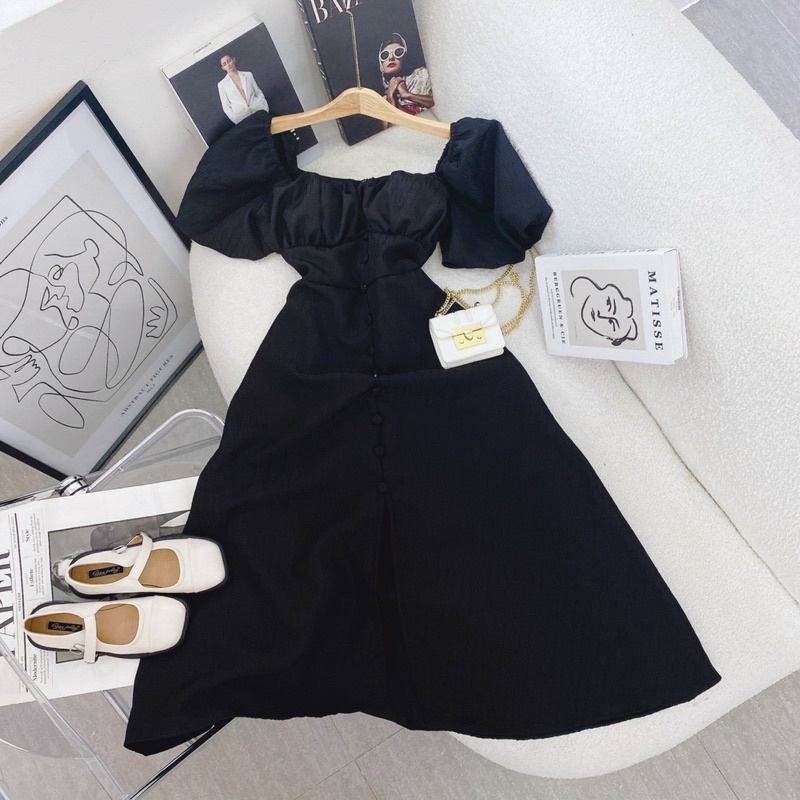 Đầm midi gấm cổ u nhún ngực tay phồng nút bọc 7 màu | BigBuy360 - bigbuy360.vn