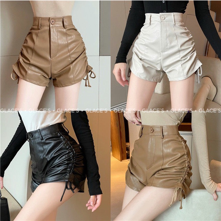 [Ảnh thật/ Hàng sẵn] Quần short da ⚡FREESHIP⚡ Quần sooc da nữ cạp cao rút dây hai bên hông, siêu tôn dáng, đầy cá tính