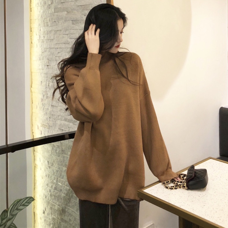 A034 Áo cổ lọ nữ khoét vai dài tay các màu Thun lệch vai form rộng trùm mông freesize Ulzzang