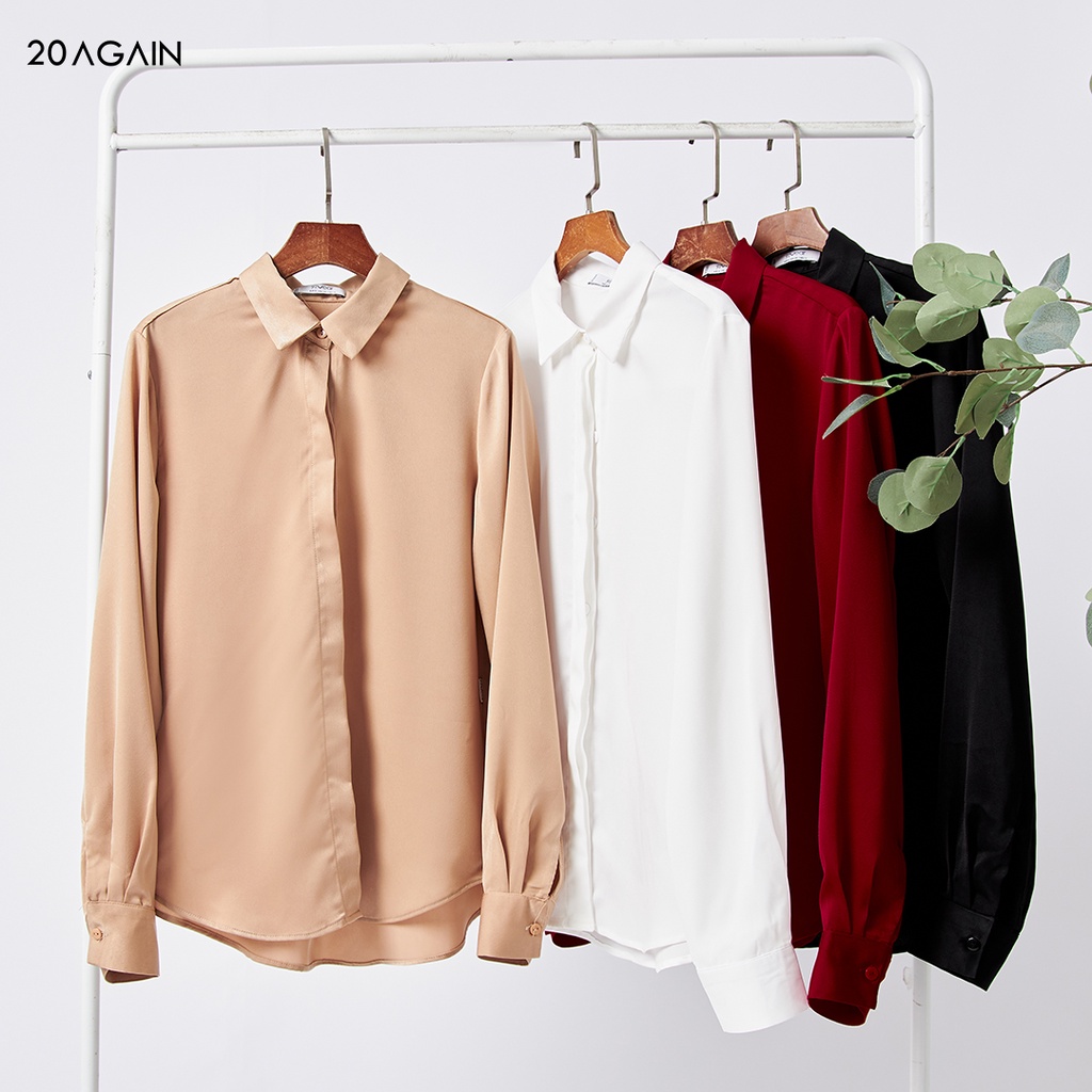 Áo sơ mi công sở nữ đẹp 20AGAIN, áo kiểu Hàn Quốc, sơ mi dài chất lụa cao cấp ASW1132