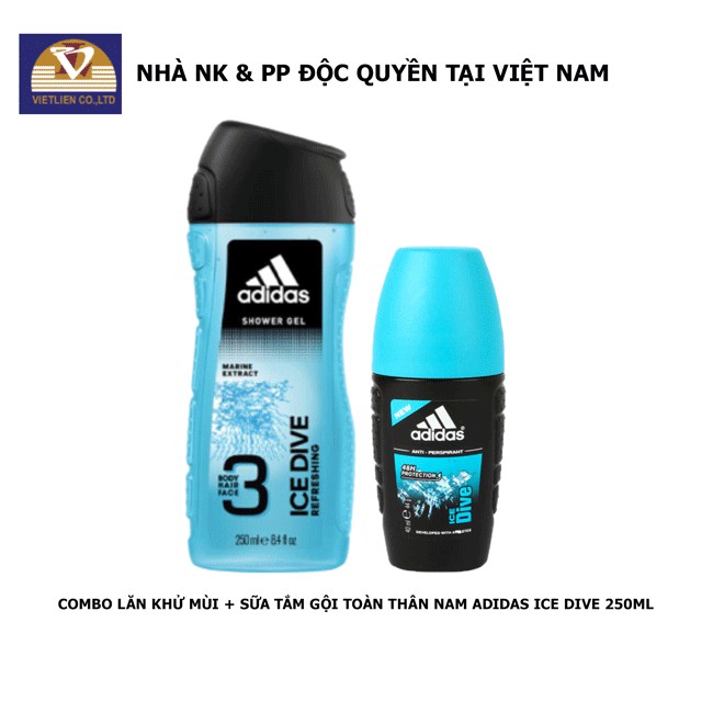 COMBO Lăn khử mùi +  Sữa tắm gội toàn thân Nam Adidas Ice Dive 250ML