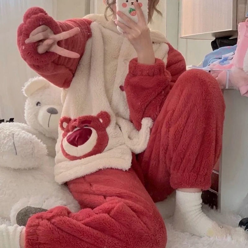 ❤️❤️ Bộ Đồ Ngủ Chất Liệu Lông Cừu San Hô Dày Dặn Ấm Áp Dễ Thương Phong Cách Hàn Quốc Cho Nữ