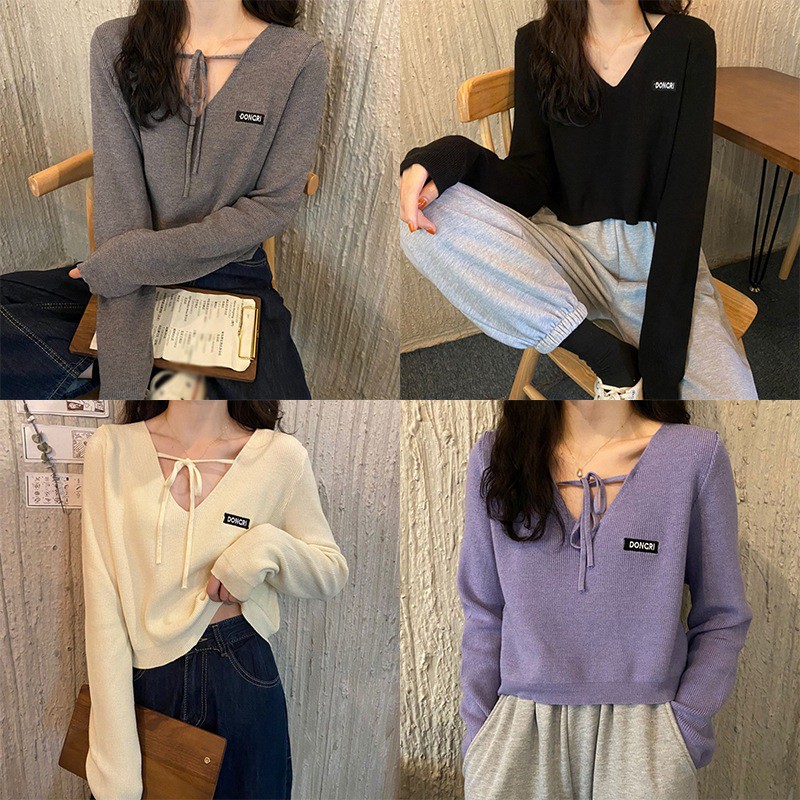 Áo Len Sweater Dệt Kim Cổ Tim Thắt Dây Xinh Xắn Dành Cho Nữ