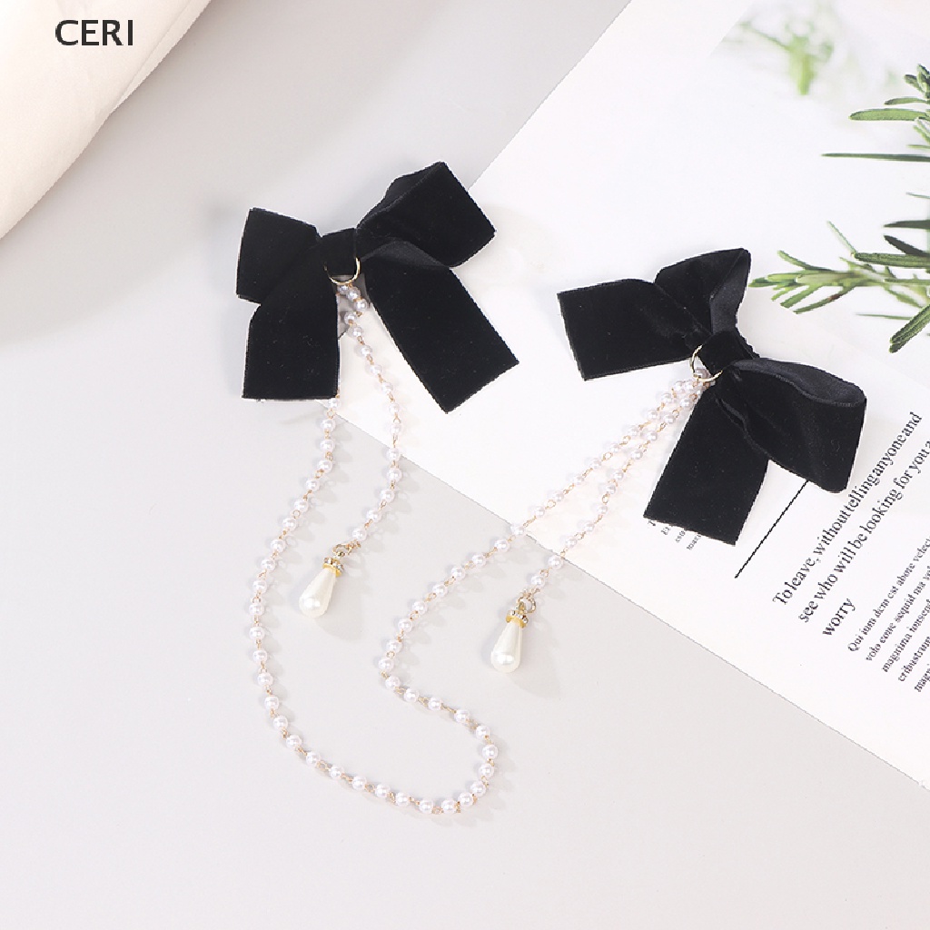 Kẹp Tóc Hình Nơ Bằng Nhung Phối Chuỗi Hạt Ngọc Trai Thời Trang Cho Nữ