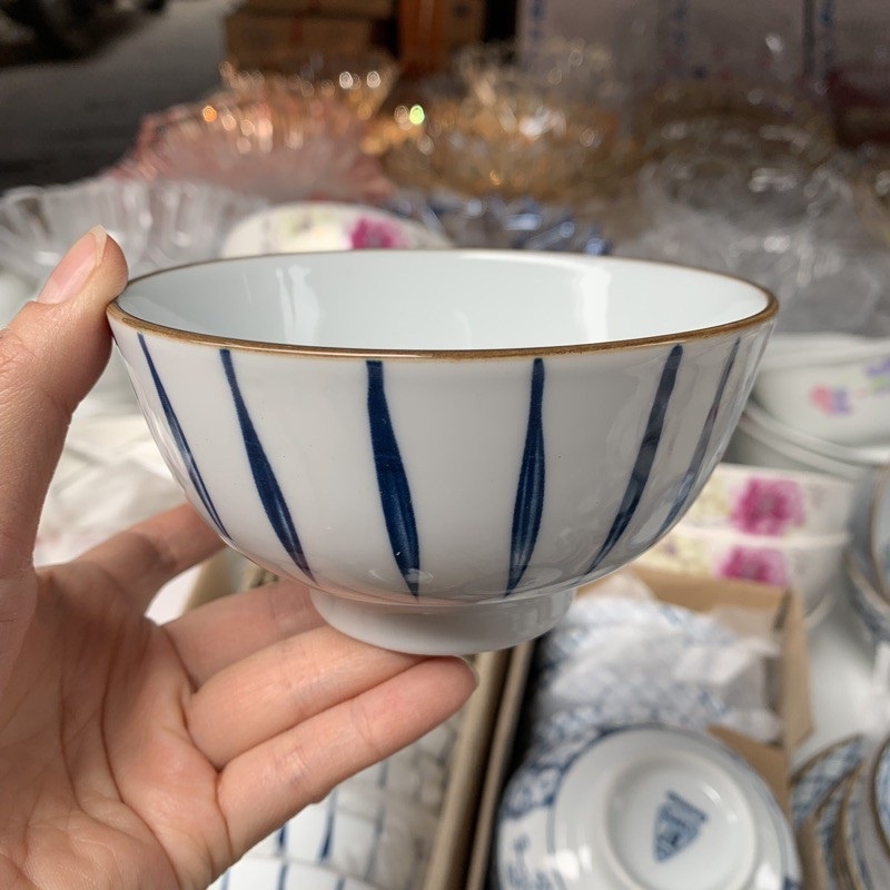 Bộ 10 chén ăn cơm sứ cao cấp, họa tiết hoa 3d, miệng bát kẻ chỉ màu, set 10 bát ăn cơm, họa tiết ngẫu nhiên