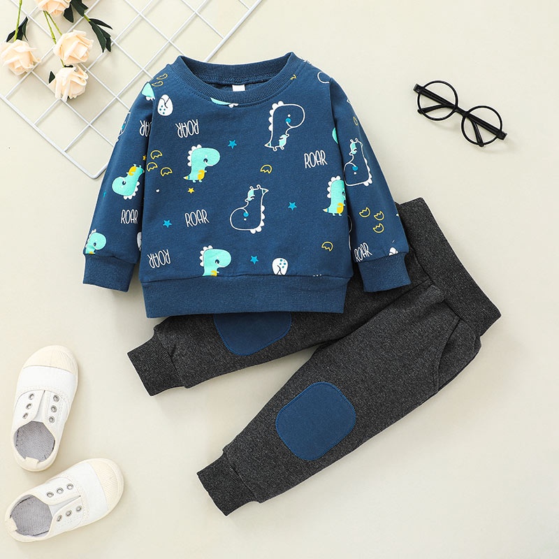 Bộ Trang Phục 2 Mảnh Gồm Áo Thun Tay Dài Và Quần Dài Họa Tiết Khủng Long Hoạt Hình Cho Bé Trai 1-6 Tuổi