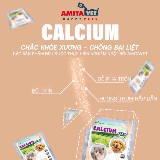 Bổ xung Canxi cho chó mèo CALCIUM vị phomai giúp chắm sóc thú cưng chắc khỏe phát triển xương tốt của AMITAVET 150g