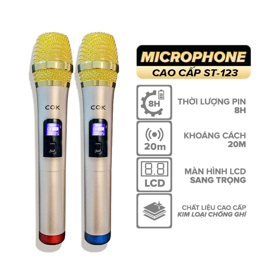 Bộ 2 Micro Karaoke Không Dây Đa Năng COK ST-123 - Thời Lượng Pin 8h Chống Nhiễu Chống Hú Giảm Ồn Khoảng Cách 20m