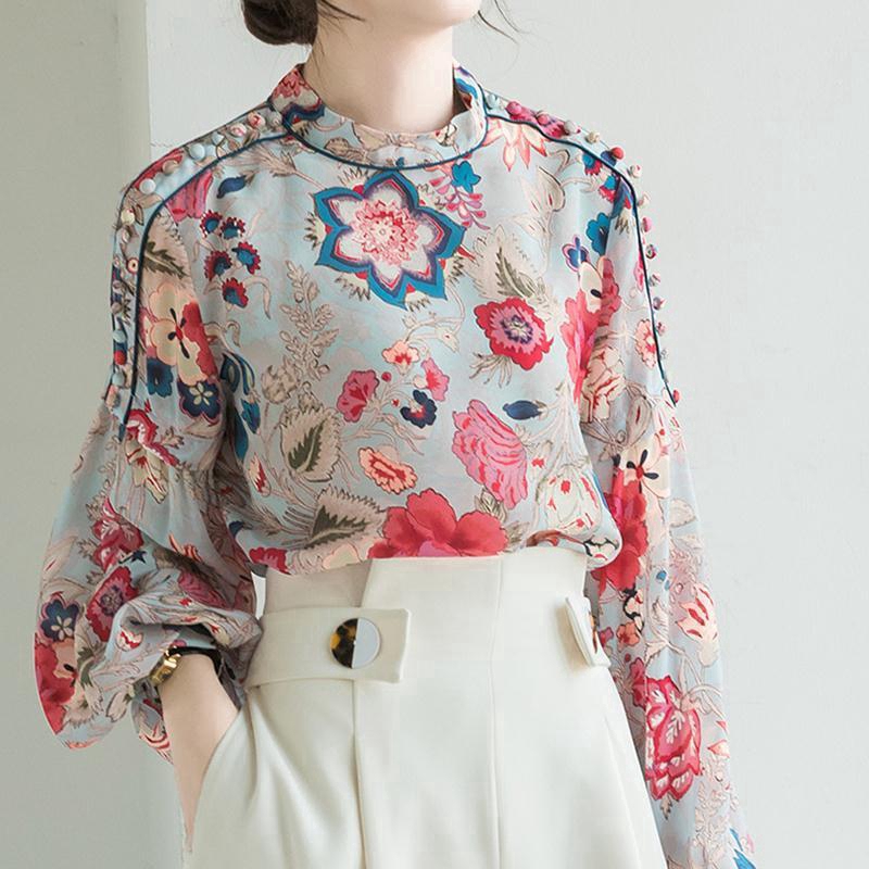 Áo chiffon tay phồng dáng rộng in họa tiết Size M-3XL màu xanh dương / hồng cho nữ