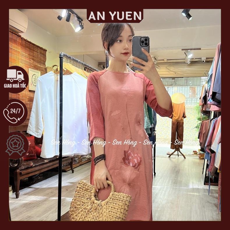 ÁO DÀI ĐI CHÙA # set áo dài cách tân 4 tà thêu hoa sen - vải lụa tuyết dày dặn cao cấp - Pháp Phục Sen Hồng