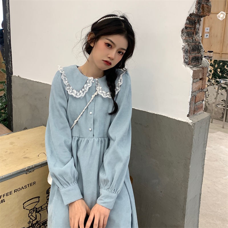 Váy chữ A màu xanh Cổ áo ren dài tay Cạp cao kiểu dài Phong cách dễ thương Nhật Bản vintage