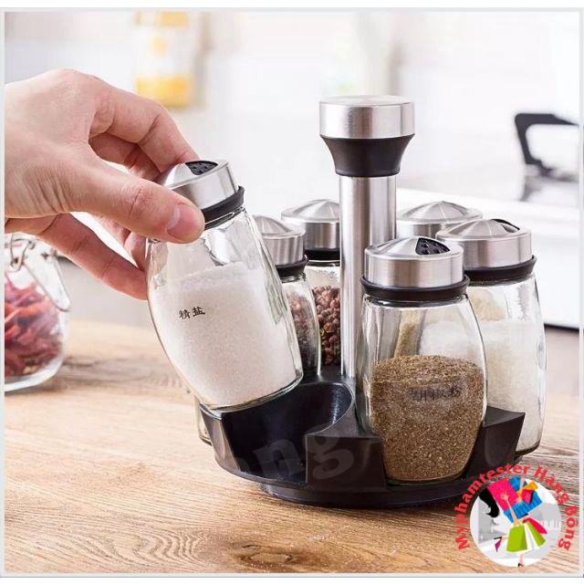 Set 6 lọ gia vị thủy tinh kèm giá đỡ xoay 360 độ