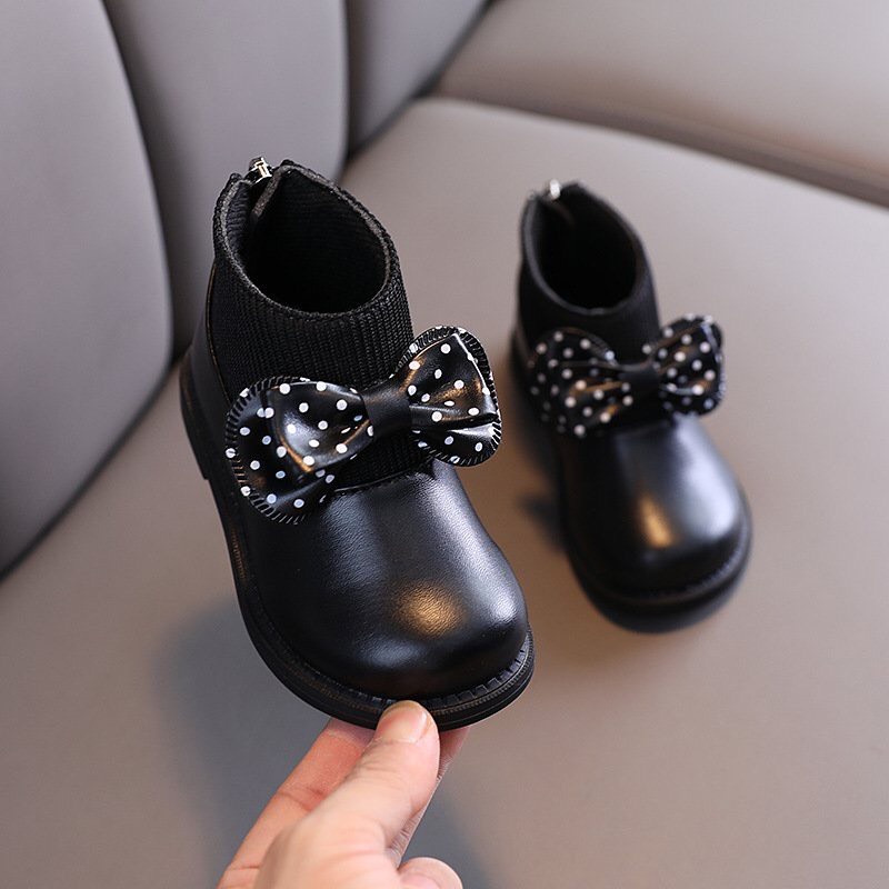 Giày Bé Gái Cổ Cao Boot Thun - Bốt bé gái đính nơ chấm bi có lót lông khoá kéo sang chảnh điệu đà  C277