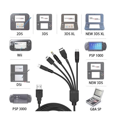 Cáp sạc, truyền dữ liệu đa năng (5 trong 1) cho máy chơi game DS Lite, Dsi, 2DS, 3DS, New 3DS, Wii U, PSP, GBA SP