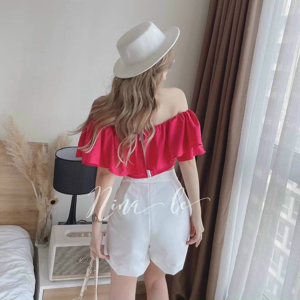 Set Áo Trễ Vai Nhún Bèo Và Quần Ngắn Xinh Xắn Rose Fashion