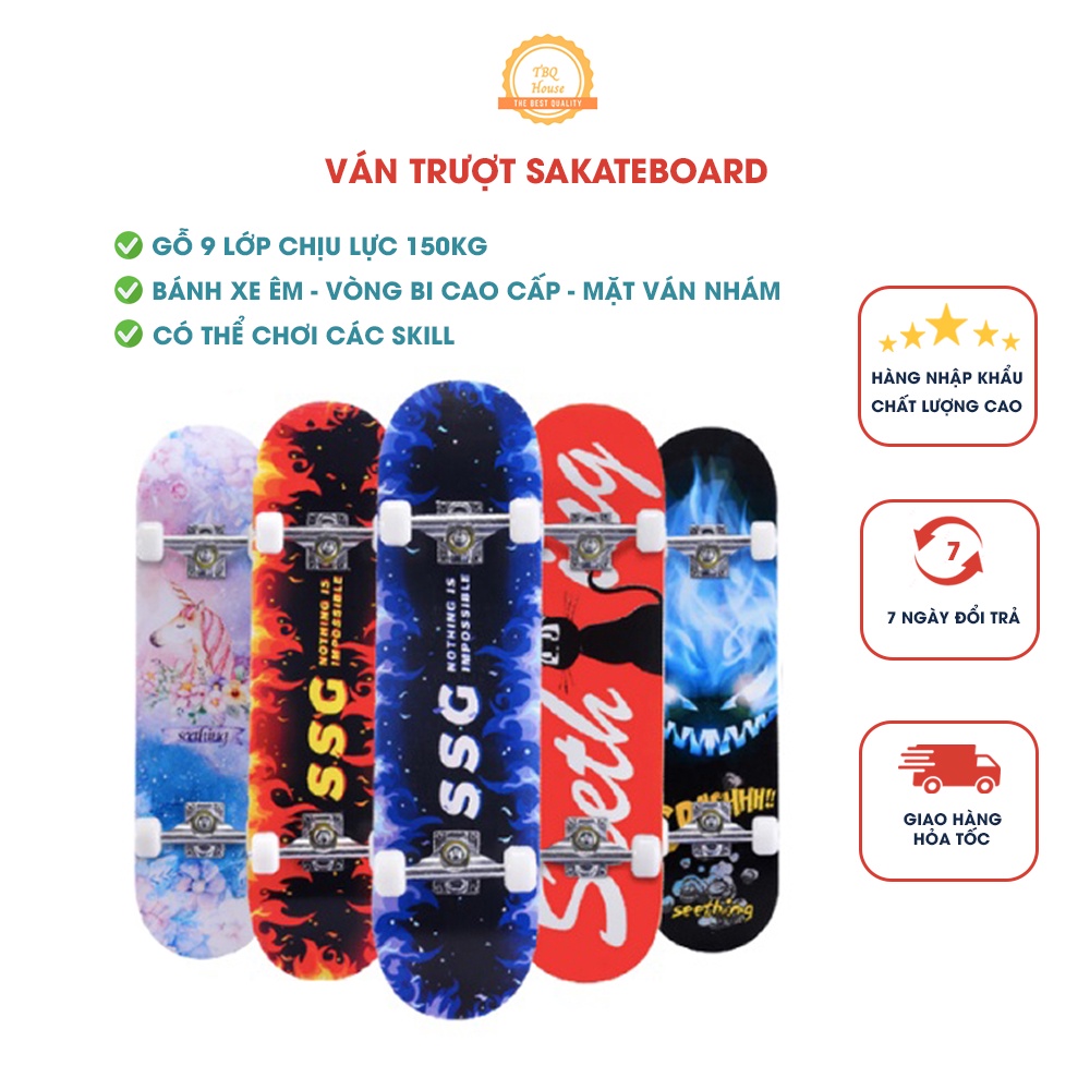 Ván Trượt thể thao, ván trượt Skateboard Gỗ 9 lớp Chịu Lực 150kg Bánh Cao Su Cỡ Lớn (Nhiều Màu)