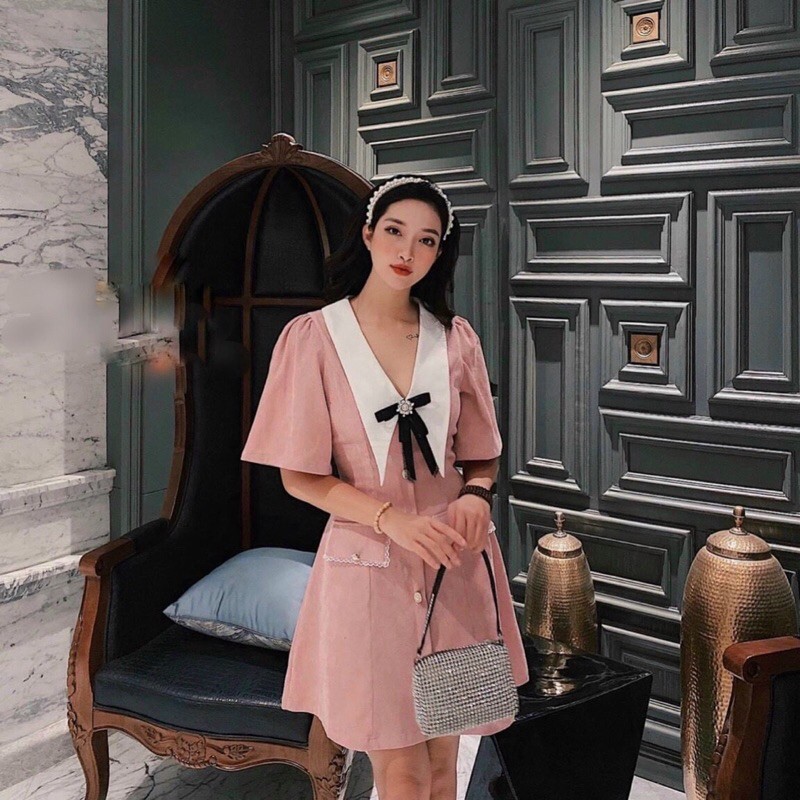 [Mã FAGREEN1505 giảm tới 30K đơn 99K] ĐẦM XOÈ CỔ NHỌN PHỐI NÚT NT