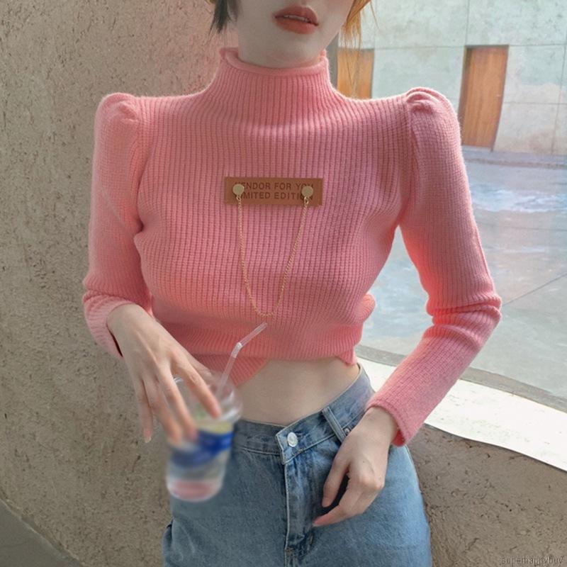 Áo Croptop Dệt Kim Tay Dài Thiết Kế Cổ Lọ Thanh Lịch