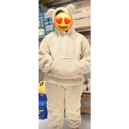 Set Bộ Ngủ Bông Hoodie Gấu Trơn, Unisex Nam Nữ