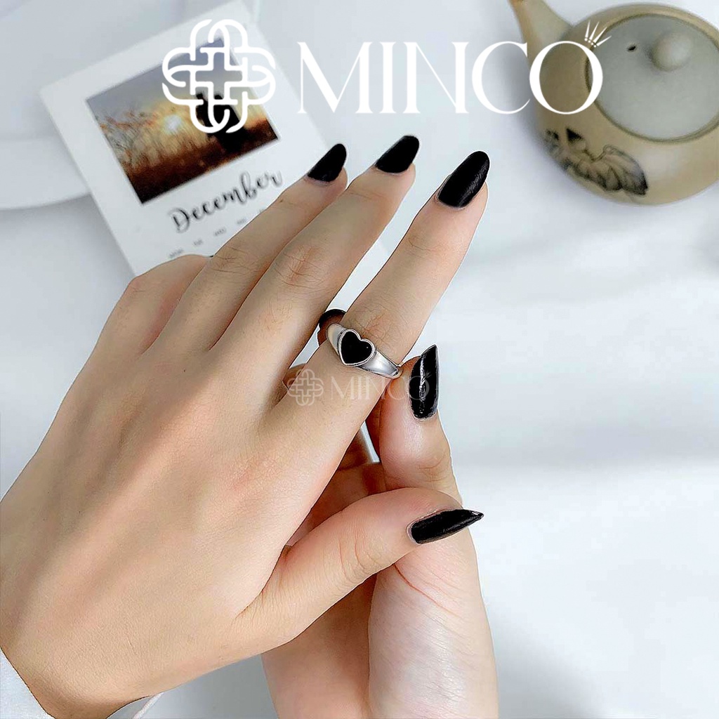Nhẫn nữ Black Heart Minco Accessories thiết kế free size đính đá đen hình trái tim phong cách cá tính NT102-7