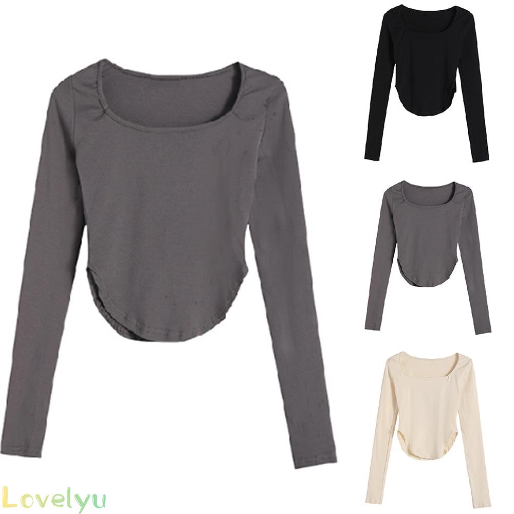 ◀READY▶Women Long Sleeve Tee Soft Comfort Irregular TShirt Retro Slim fit U Neck Top LsAajYZl# Good Quality