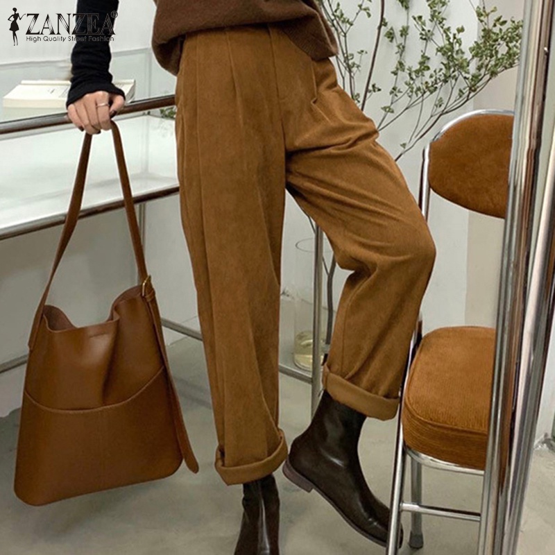 Quần dài ZANZEA ống rộng thẳng dây kéo gài nút từ vải corduroy cho nam
