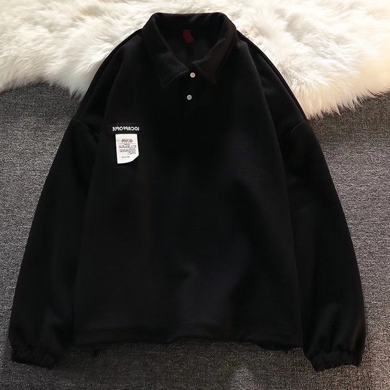 Áo thun polo tay dài dáng rộng cổ bẻ phong cách Hàn Quốc thời trang cho nam nữ