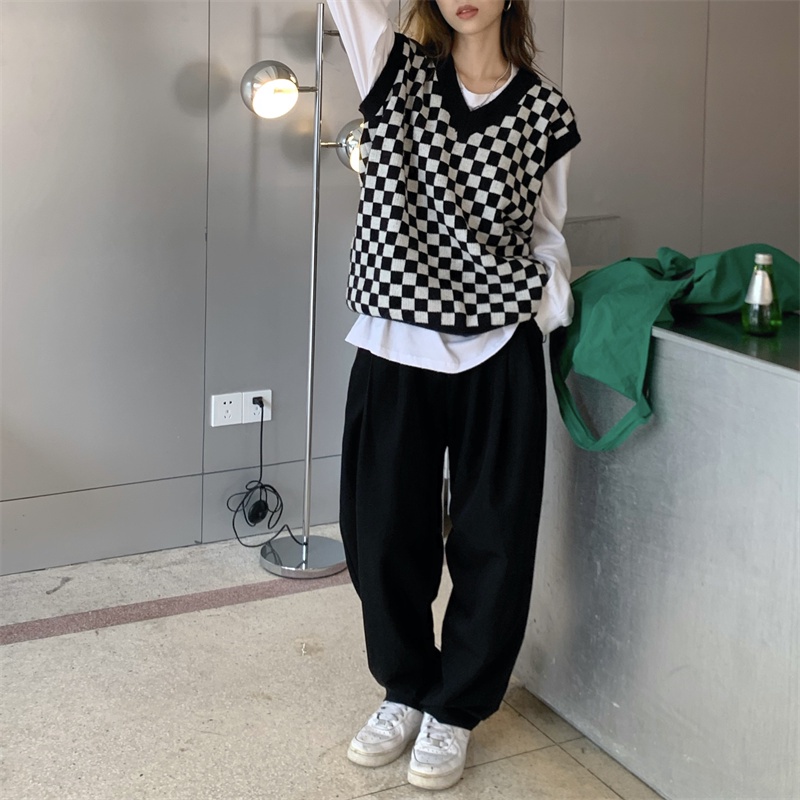 Áo gile nữ len ulzzang cổ chữ V họa tiết kẻ ô đen trắng - AL06 | BigBuy360 - bigbuy360.vn