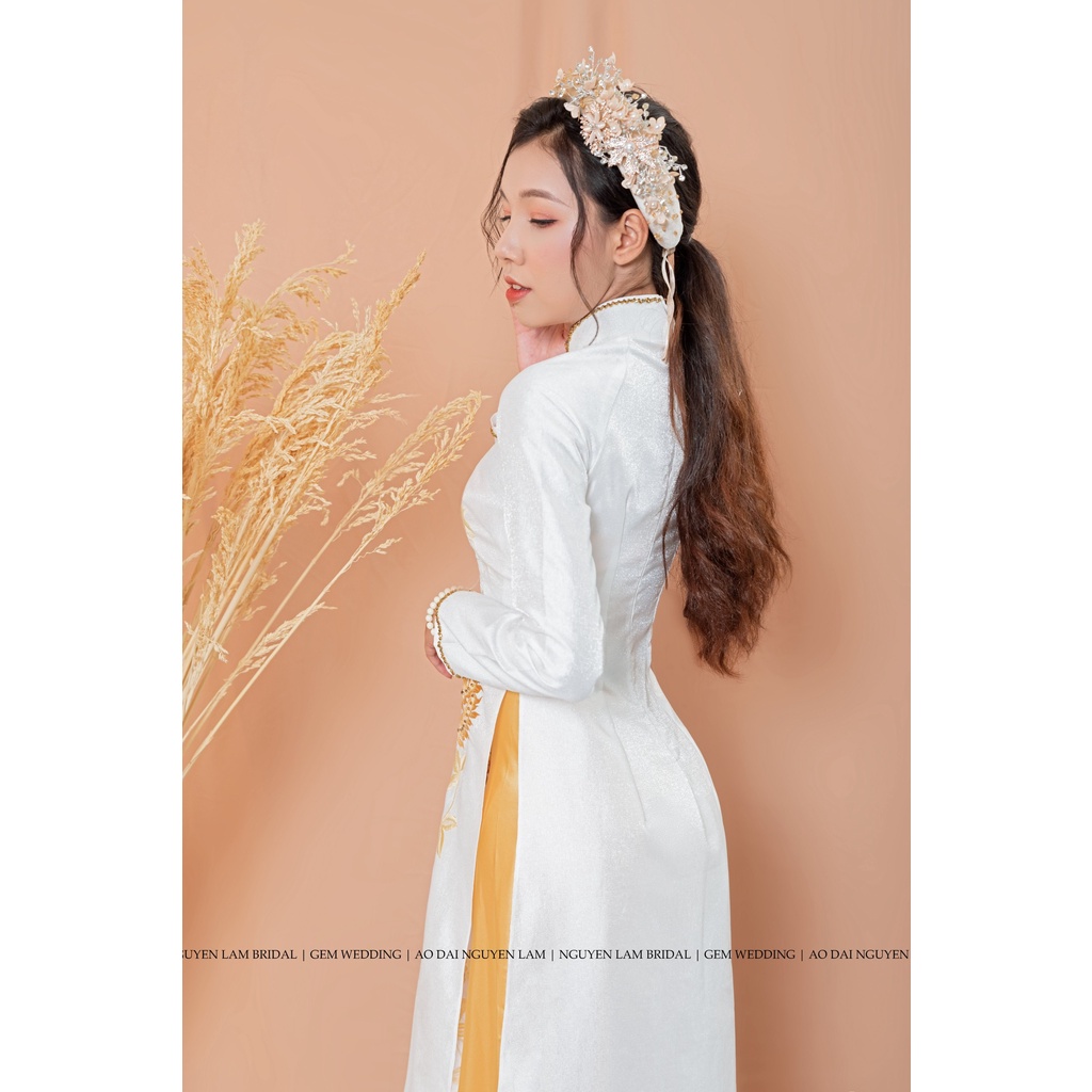 ÁO DÀI CƯỚI CẶP GẤM ,  THIẾT KẾ HỌA TIẾT THÊU RỒNG PHỤNG CAO CẤP | AODAINGUYENLAM