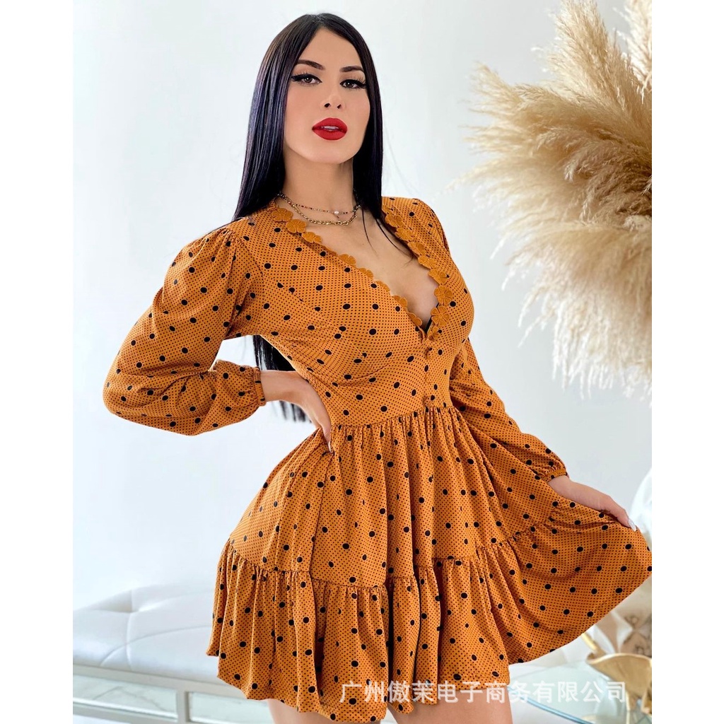 Đầm Mini Cổ Chữ V Tay Dài Họa Tiết Chấm Bi Nổi Bật Màu Vàng Đậm 2022 Cho Nữ